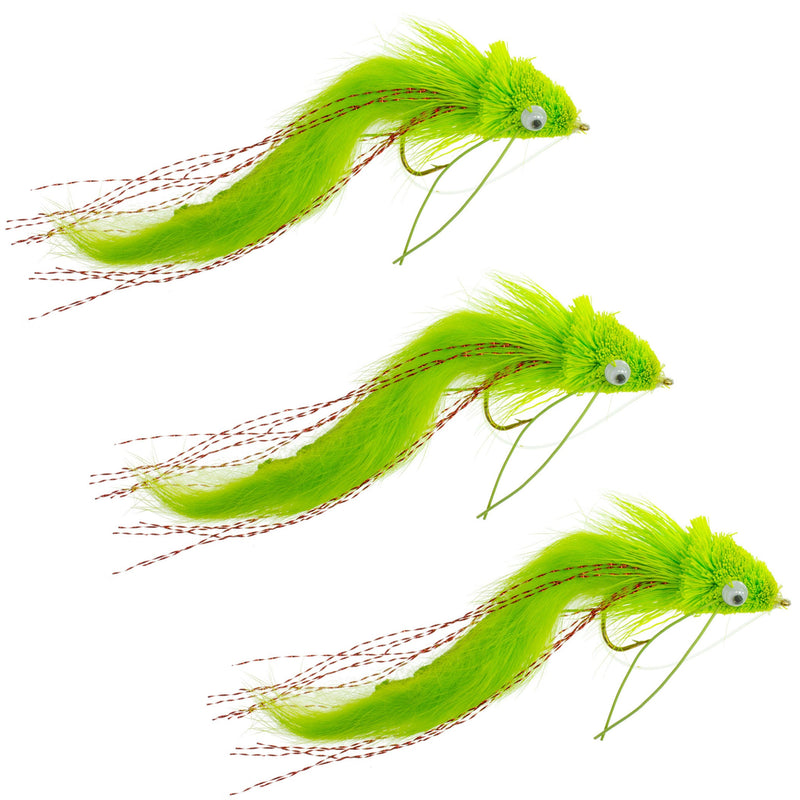 Three chartreuse bunny deer hair bass bug flies with weed guards, size 4, for fly fishing.
