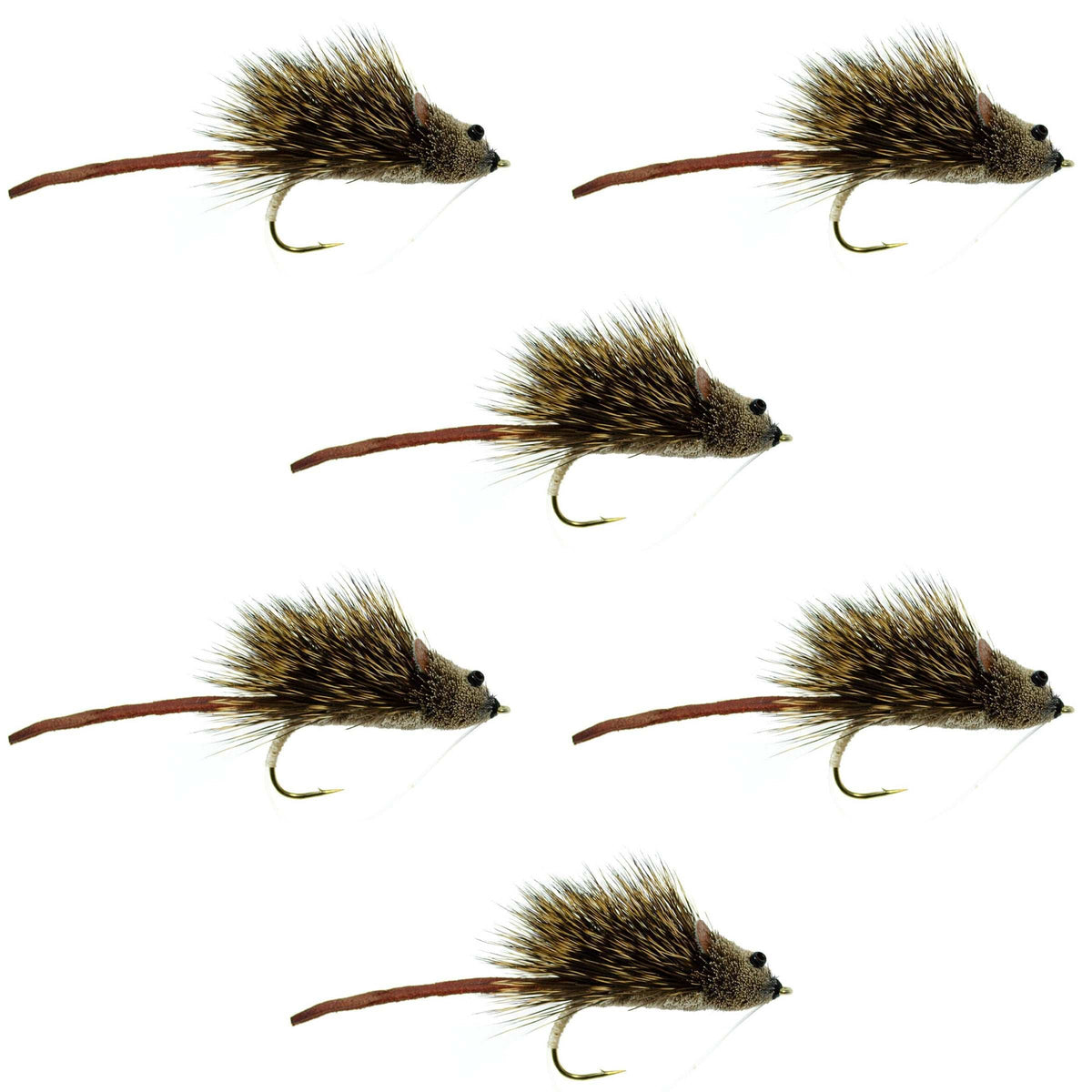 Set of 6 Deer Hair Scruffy Rat bass flies with hooks, wide gape, weed guard for bass fishing, by The Fly Fishing Place