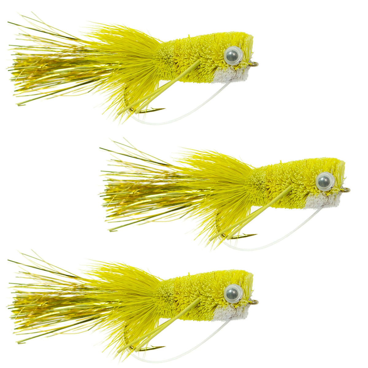 Three yellow bass popper flies with weed guards, size 6, designed for bass fishing, from The Fly Fishing Place.