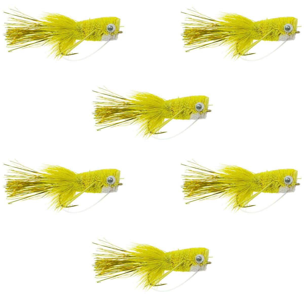 Set of six yellow Flashtail Bass Popper flies with weed guard, size 8, for bass fly fishing, by The Fly Fishing Place.