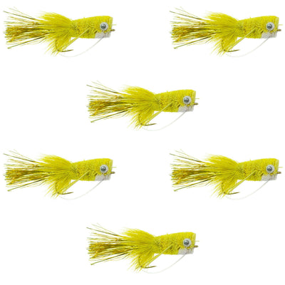 Set of six yellow Flashtail Bass Popper flies with weed guard, size 8, for bass fly fishing, by The Fly Fishing Place.