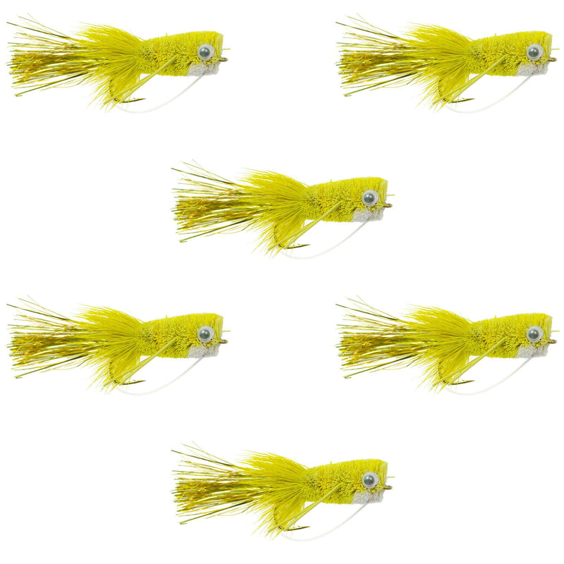 Set of six yellow Flashtail Bass Popper flies with weed guard, size 8, for bass fly fishing, by The Fly Fishing Place.