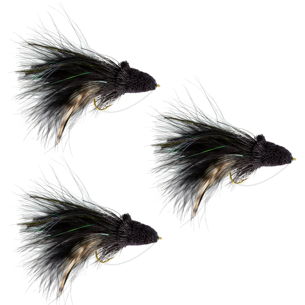 Set of three black Dahlberg deer hair bass flies, size 4 diver with weed guard for fly fishing, by The Fly Fishing Place.