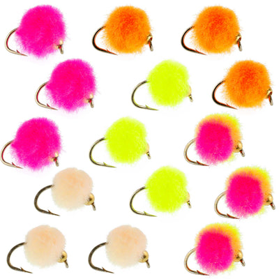 Bead Head Egg Assortment trout wet fishing flies in 5 colors, set of 15, with size 16 hooks for fly fishing adventures.