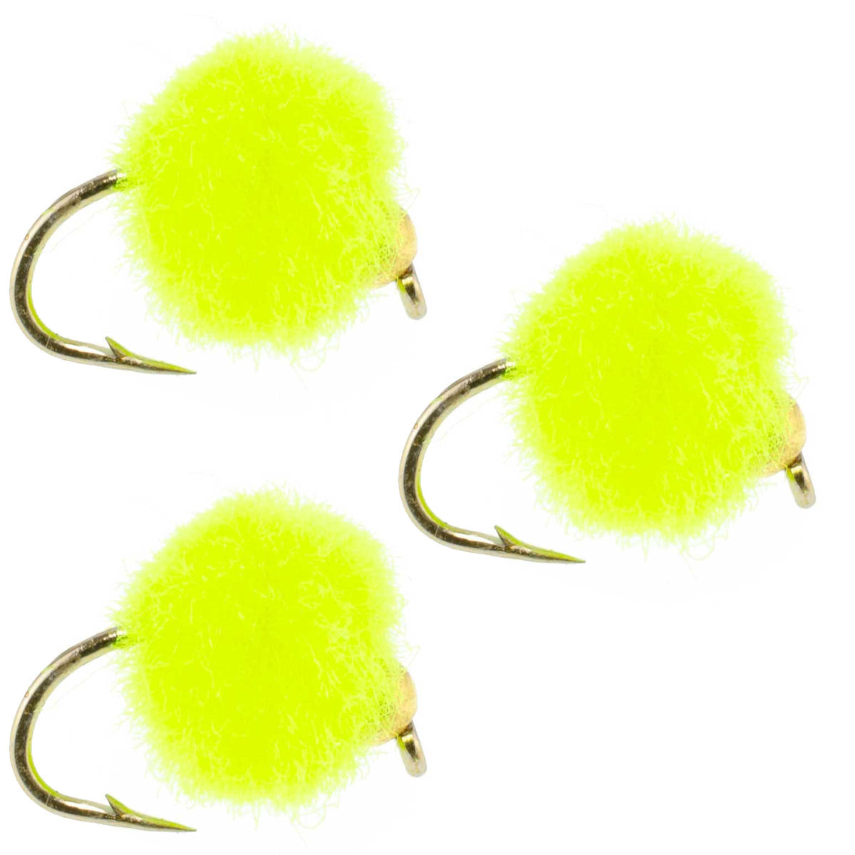 Set of three bead head chartreuse egg fly fishing flies for trout, size 16, by The Fly Fishing Place.