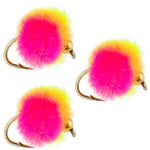 Three bead head clown egg trout wet fishing flies in hook size 16, designed for fly fishing by The Fly Fishing Place