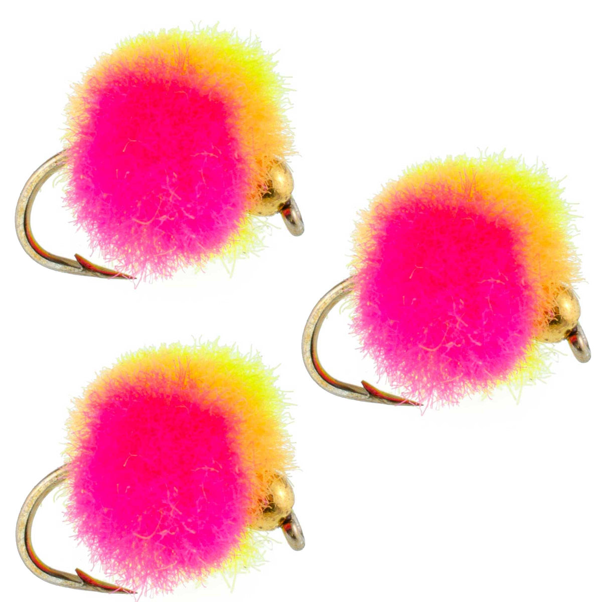 Three bead head clown egg trout wet fishing flies in hook size 16, designed for fly fishing by The Fly Fishing Place