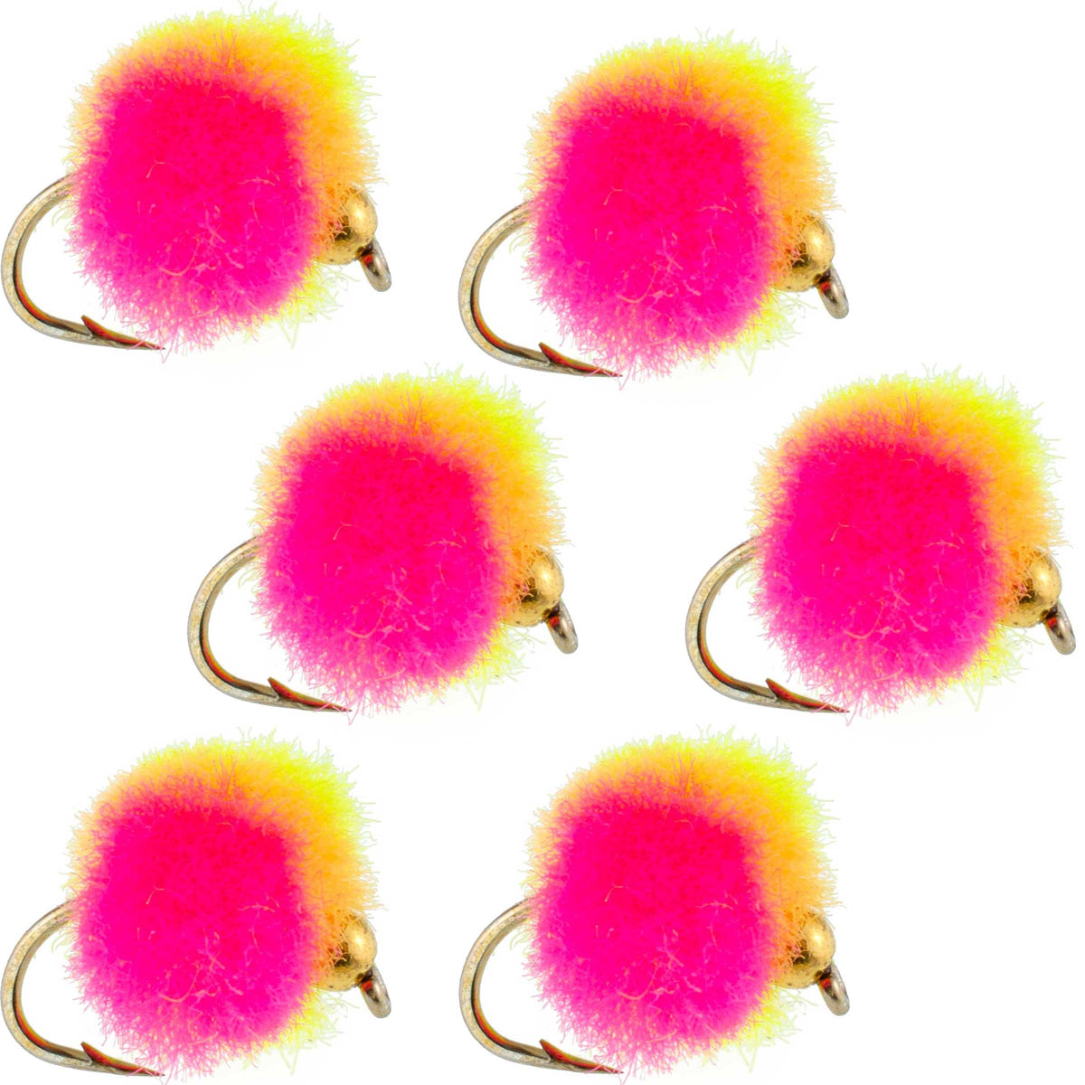 Set of six Bead Head Clown Egg trout wet fishing flies with size 16 hooks, designed for fly fishing by The Fly Fishing Place.