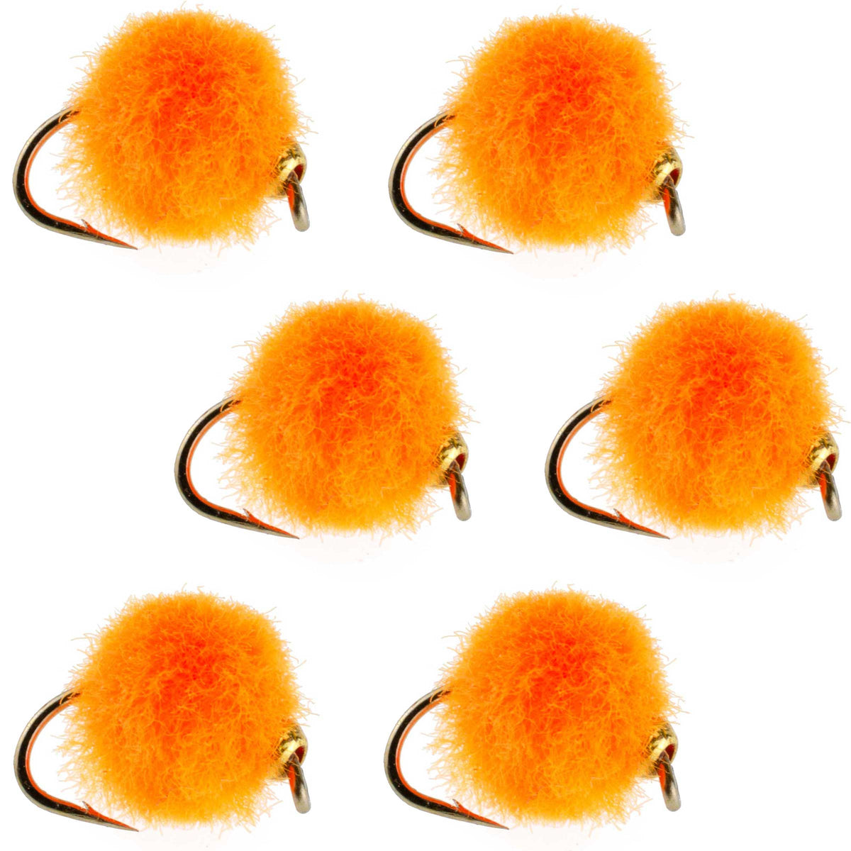 Set of 6 bead head hot orange egg trout wet flies with size 16 hooks, ideal for fly fishing.