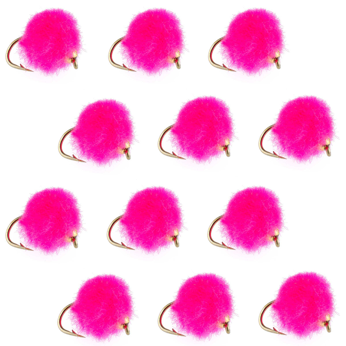 Set of 12 bead head hot pink egg trout wet flies on size 16 hooks for fly fishing, ideal for catching trout.