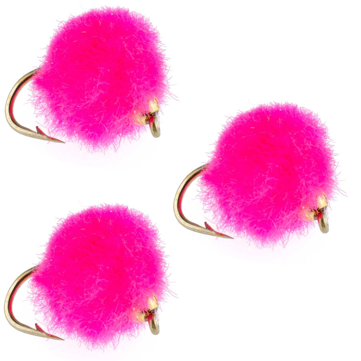 Set of 3 bead head hot pink egg fly fishing flies for trout, size 16, from The Fly Fishing Place, designed for wet fly fishing.