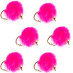 Set of six bead head hot pink egg trout wet flies with size 16 hooks for fly fishing, designed for trout fishing.