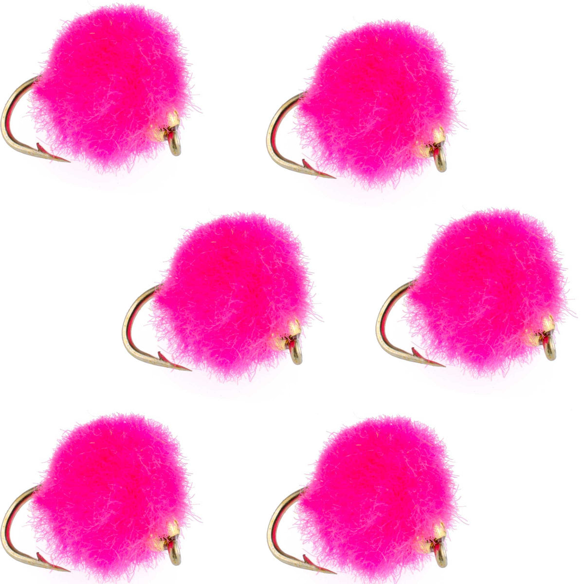 Set of six bead head hot pink egg trout wet flies with size 16 hooks for fly fishing, designed for trout fishing.