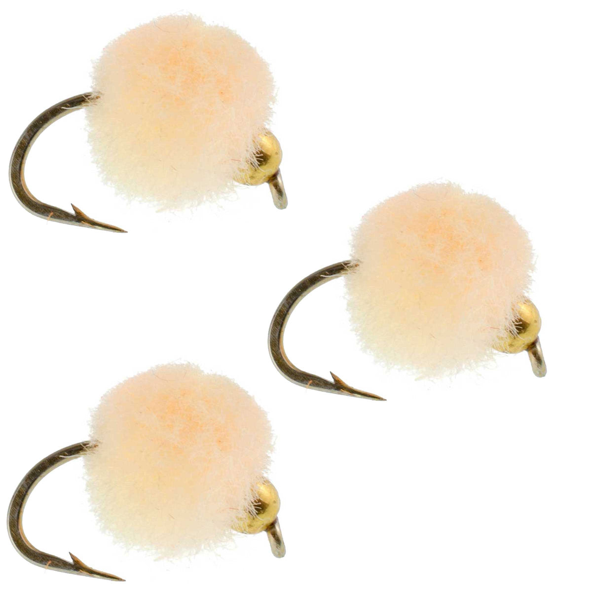 Set of three bead head Oregon cheese egg trout wet fishing flies with hook size 16 for fly fishing.