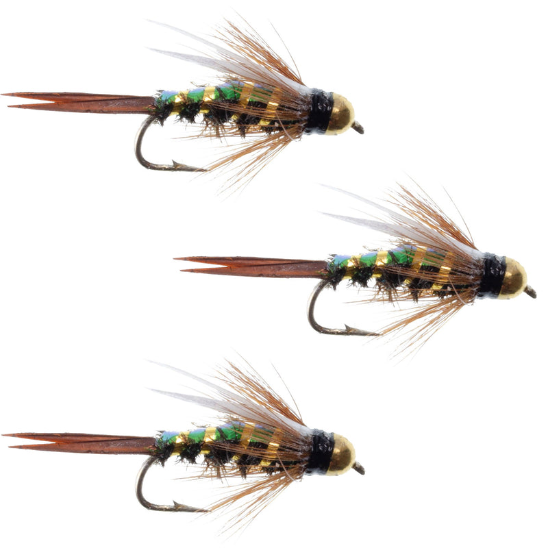 Three bead-head Prince Nymph wet flies for trout fishing, size 12, with flashback beads and detailed feather and hackle patterns.