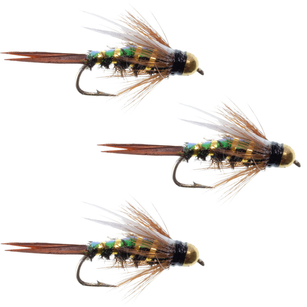 Three bead-head Prince Nymph wet flies for trout fishing, size 16, featuring flash back and realistic fly details.