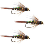 Three tungsten bead head Prince Nymph wet flies for trout fishing, size 12, with flash-back and natural feather detailing.