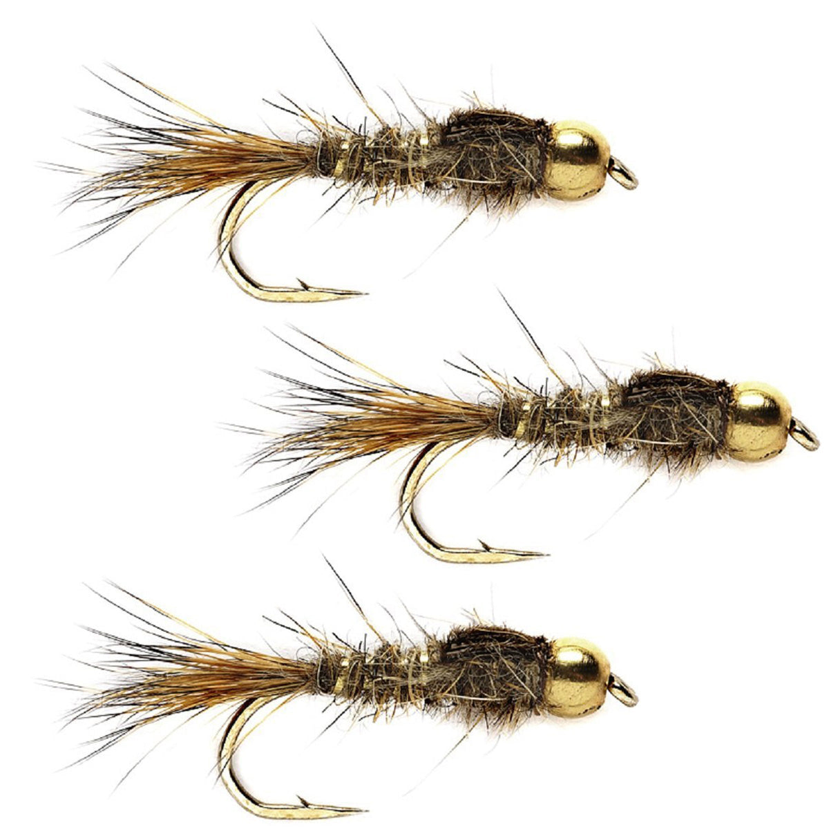 Three gold ribbed Hare's Ear Nymph trout wet flies with bead head hooks, size 10, designed for fly fishing.