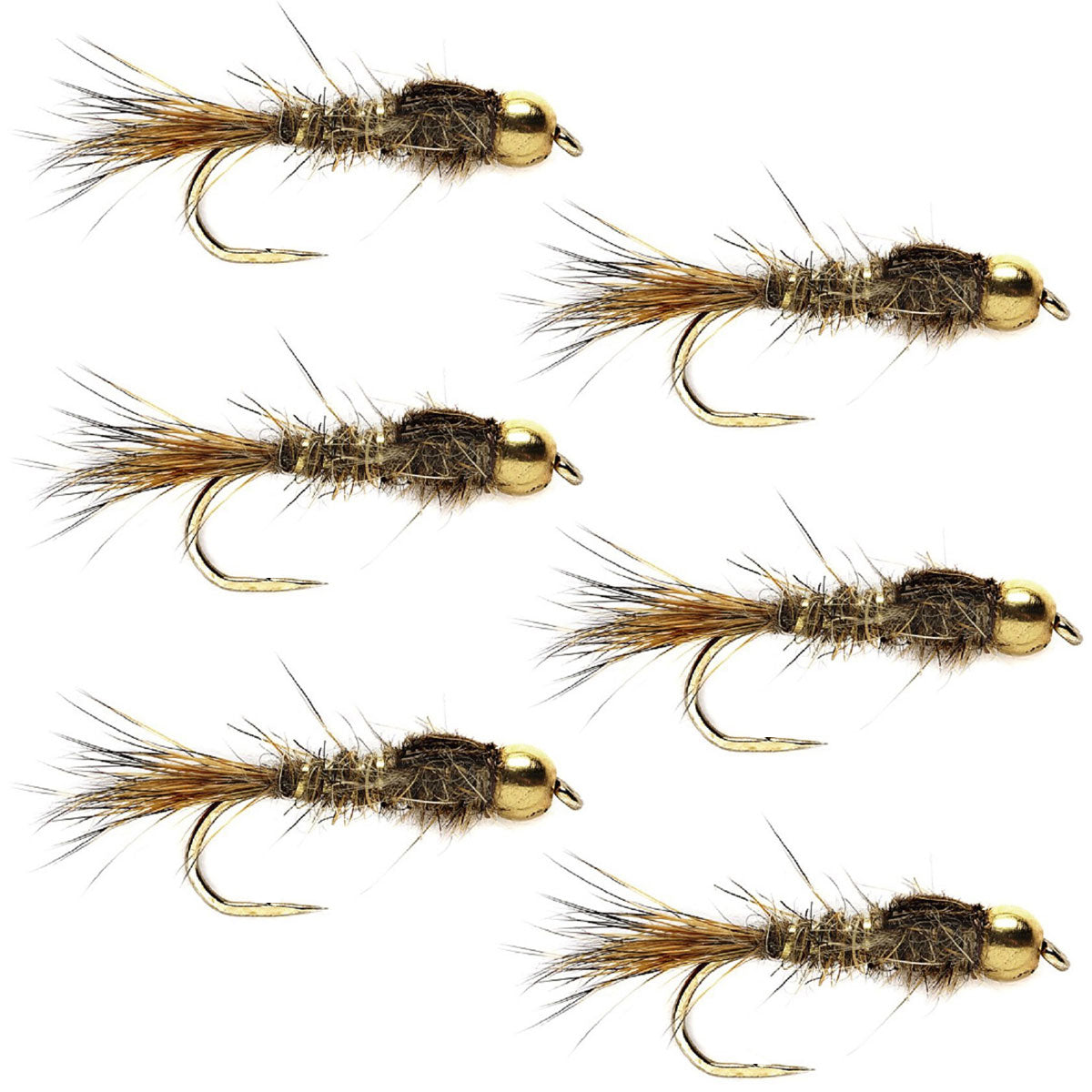 Set of six barbless gold ribbed Hare's Ear nymph flies for trout fishing, size 10 wet flies by The Fly Fishing Place