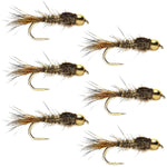 Set of six gold ribbed Hare's Ear nymph wet flies with barbless hooks, size 14 for trout fishing.