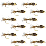 Set of 12 trout wet flies featuring bead-head gold ribbed Hare's Ear Nymph hooks size 16 for fly fishing.