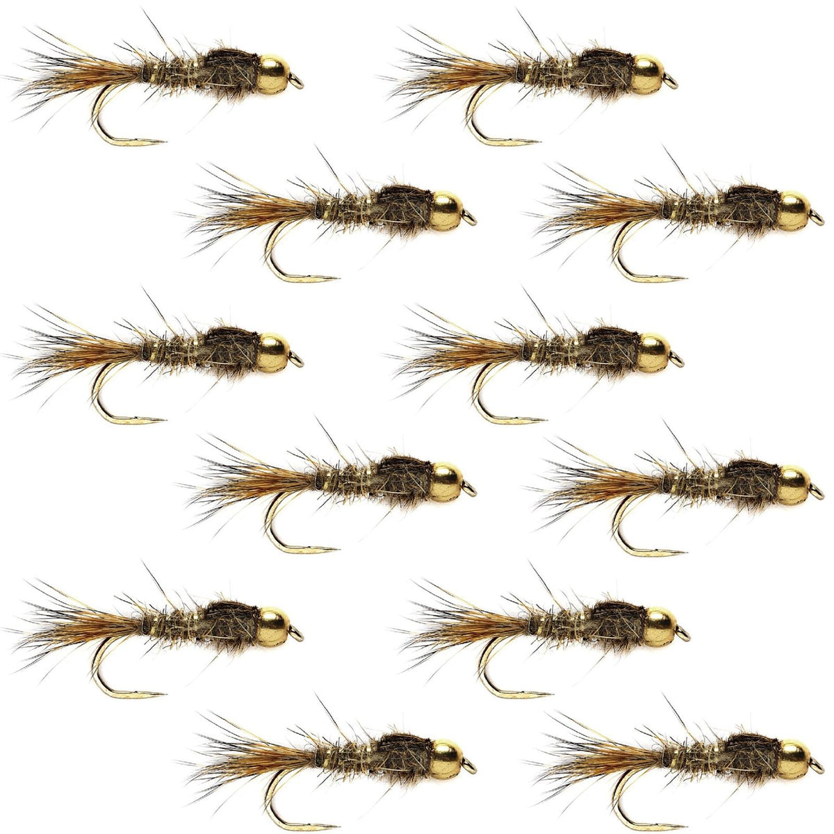 Set of 12 trout wet flies featuring bead-head gold ribbed Hare's Ear Nymph hooks size 16 for fly fishing.
