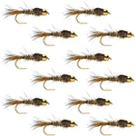 Set of 12 barbless gold-ribbed Hare's Ear Nymph trout wet flies with bead head, size 14, for fly fishing.