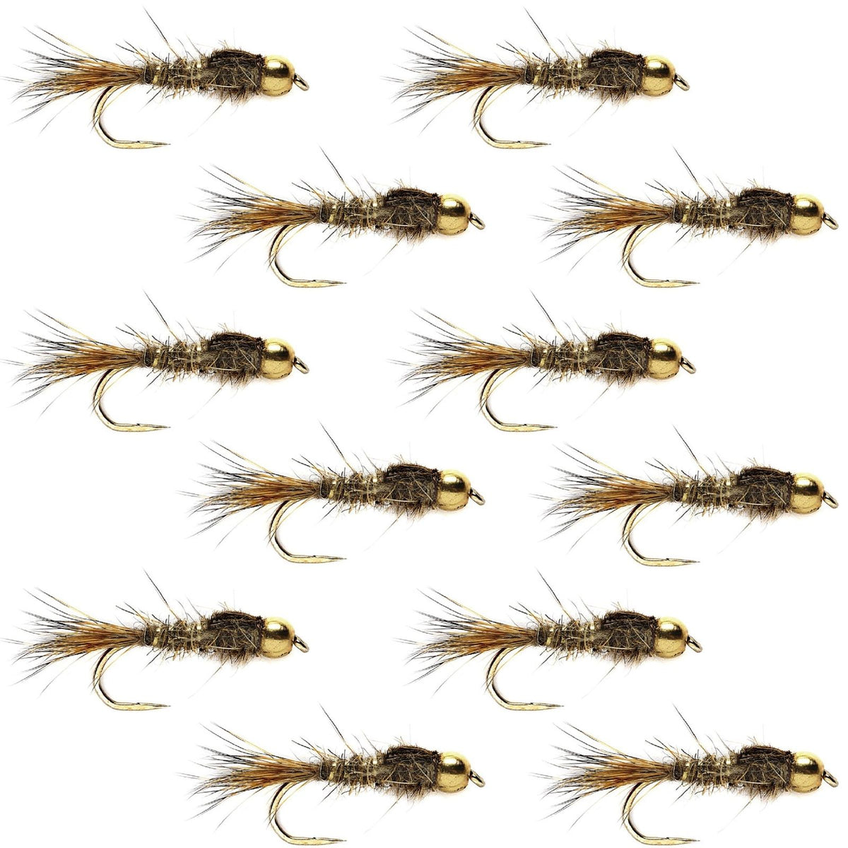 Set of 12 barbless gold-ribbed Hare's Ear Nymph trout wet flies with bead head, size 14, for fly fishing.