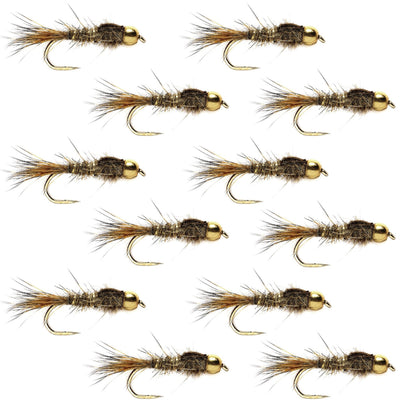 Set of 12 barbless gold-ribbed Hare's Ear Nymph trout wet flies with bead head, size 14, for fly fishing.