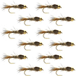 Set of 12 gold-ribbed Hare's Ear Nymph trout wet flies with bead head, size 10, barbless hooks for fly fishing by The Fly Fishing Place