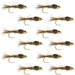 Bead head gold ribbed hare's ear nymph trout wet flies, size 12, set of 12 fishing flies for fly fishing, by The Fly Fishing Place.