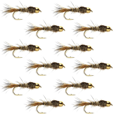 Bead head gold ribbed hare's ear nymph trout wet flies, size 12, set of 12 fishing flies for fly fishing, by The Fly Fishing Place.