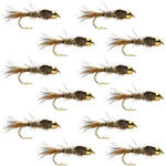 Set of 12 Bead Head Gold Ribbed Hares Ear Nymph trout wet flies size 16 for fly fishing.
