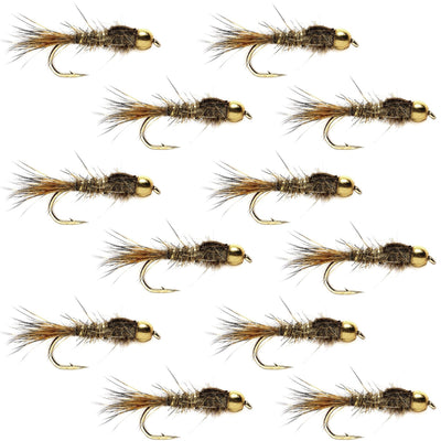 Set of 12 Bead Head Gold Ribbed Hares Ear Nymph trout wet flies size 16 for fly fishing.