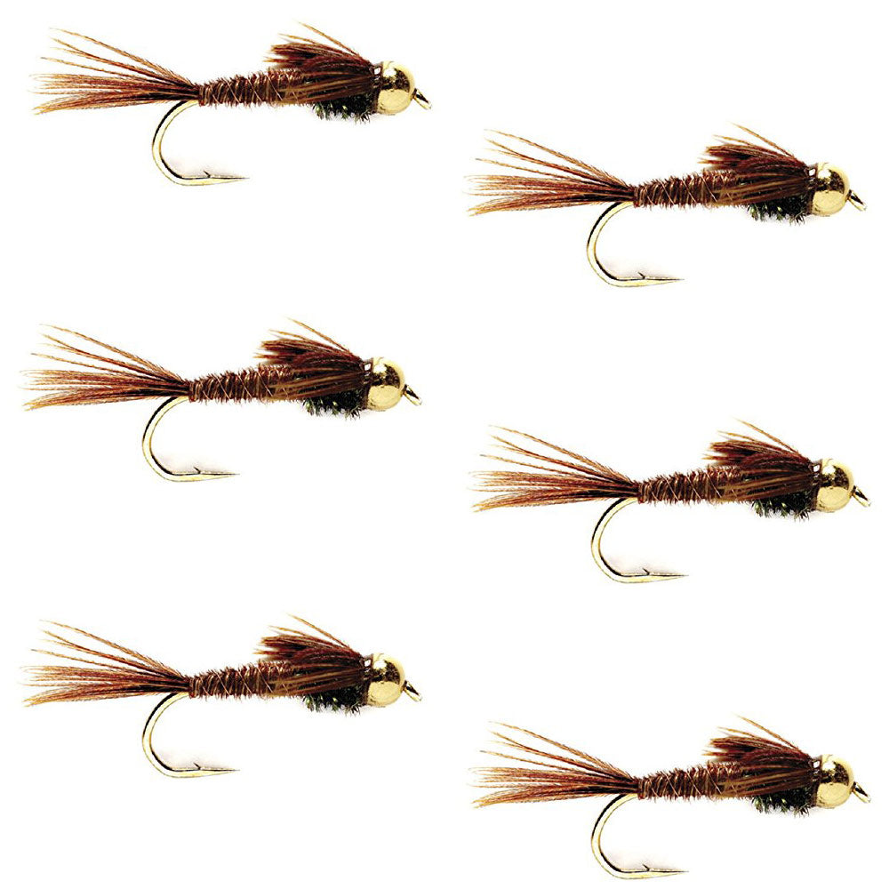 Six Bead-Head Pheasant Tail Nymph trout wet flies with hooks, size 12, designed for fly fishing by The Fly Fishing Place.