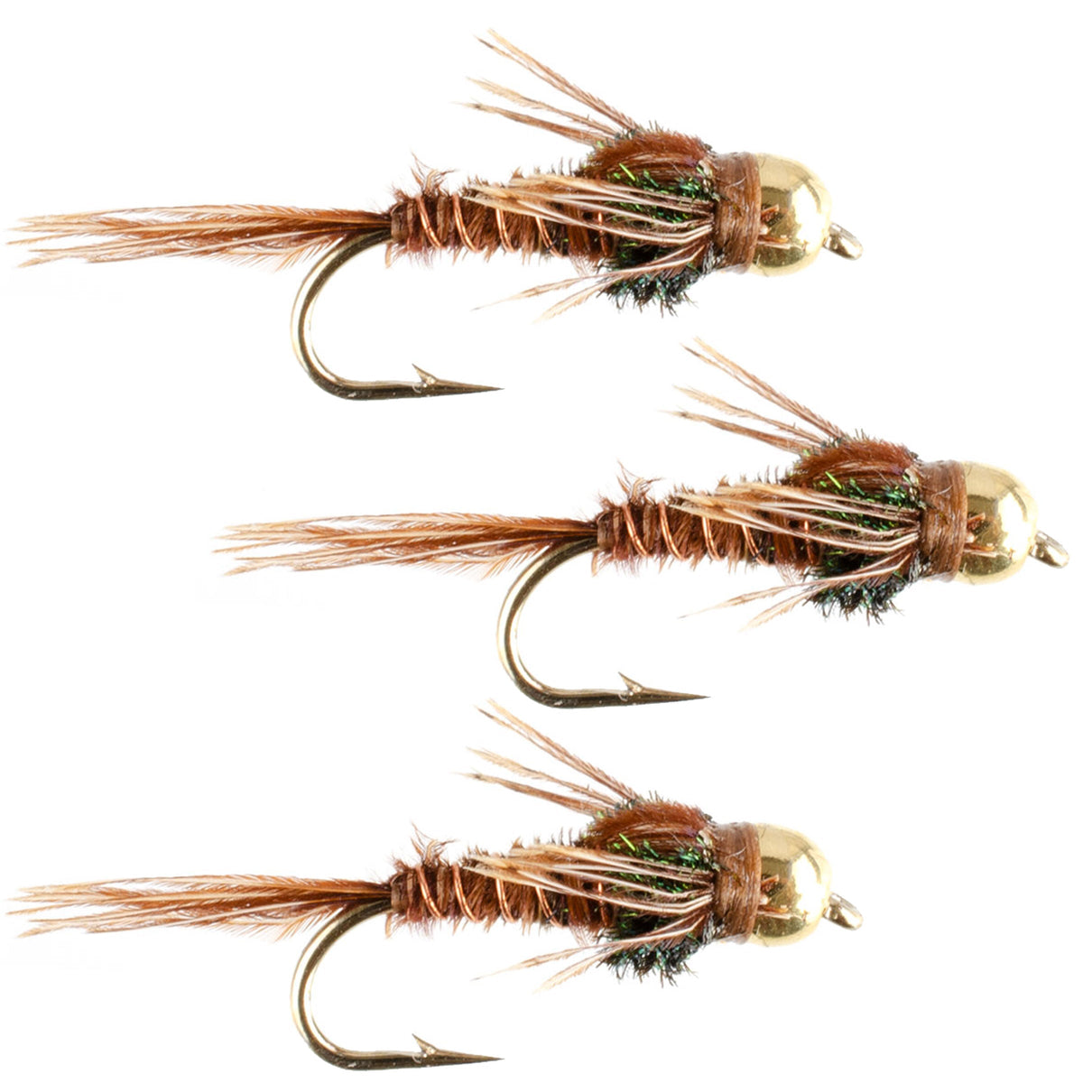 Set of 3 bead head pheasant tail nymph fishing flies for trout, featuring detailed hook and feather design for fly fishing.