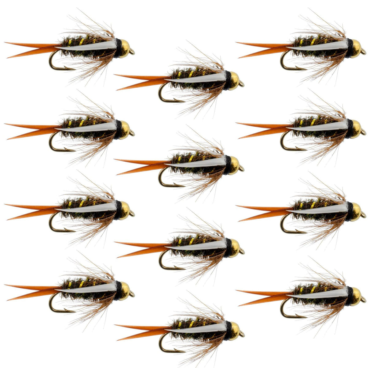 Multiple fishing flies arranged in a grid on a white background