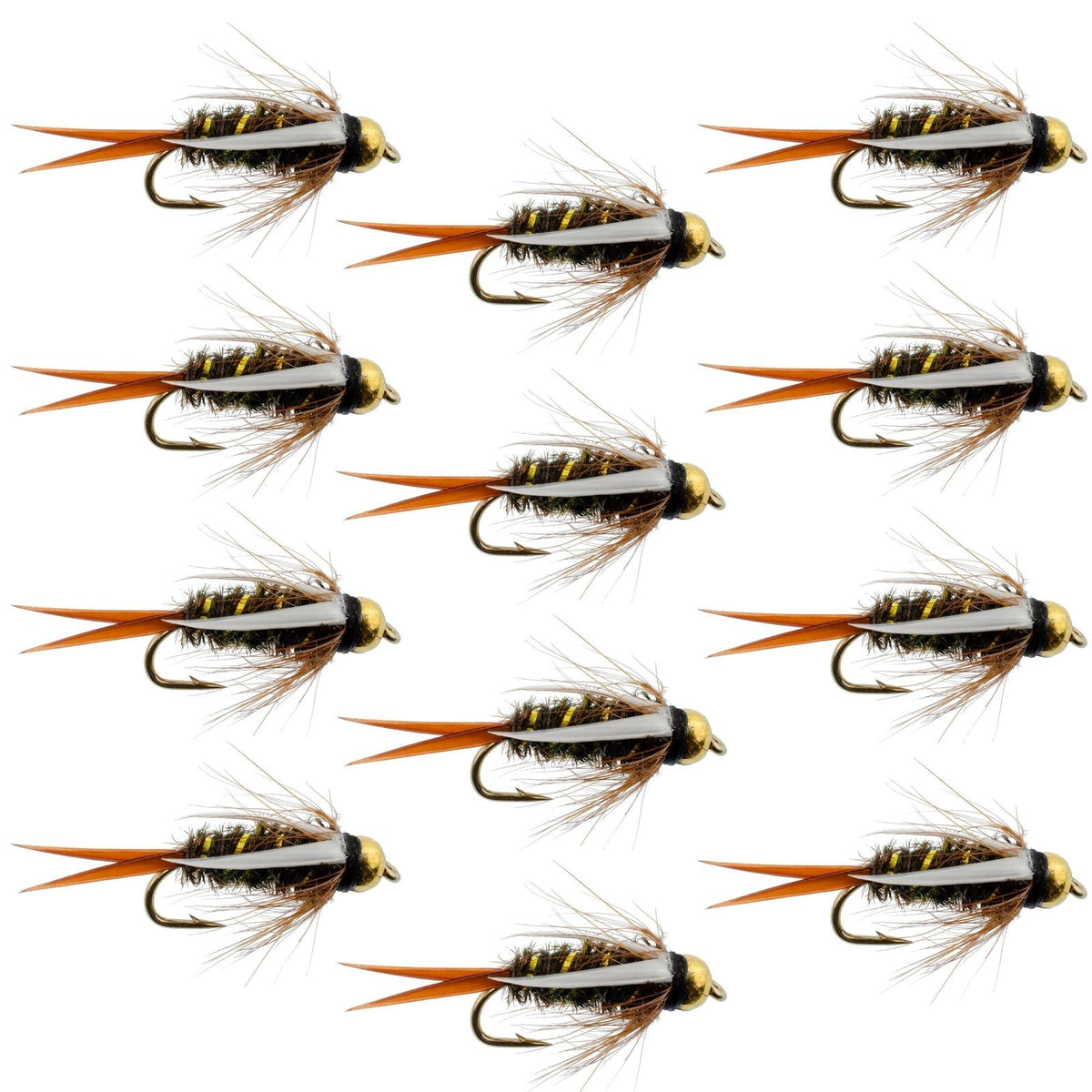 Set of 12 bead head Prince Nymph trout wet flies with size 18 hooks, ideal for fly fishing, by The Fly Fishing Place.