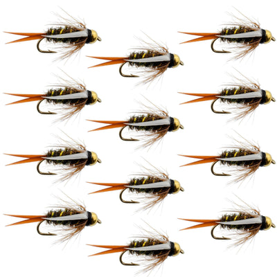 Set of 12 bead head Prince Nymph trout wet flies with size 18 hooks, ideal for fly fishing, by The Fly Fishing Place.