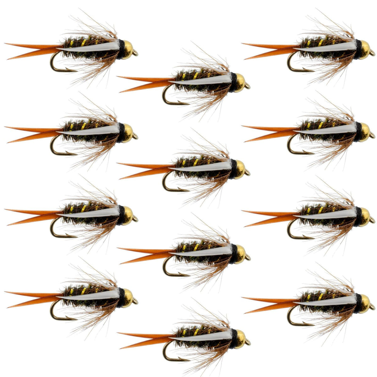 Set of 12 bead head Prince Nymph trout wet flies on hooks, size 14, used for fly fishing by The Fly Fishing Place.
