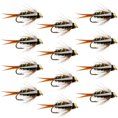 Set of 12 bead head Prince Nymph trout wet flies on hooks, size 14, used for fly fishing by The Fly Fishing Place.