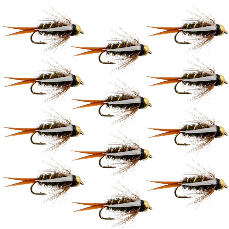 Set of 12 bead head Prince Nymph trout wet flies on hooks, size 14, used for fly fishing by The Fly Fishing Place.