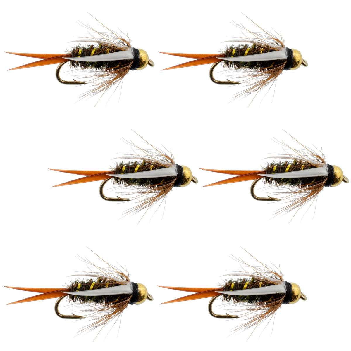 Set of 6 bead head Prince Nymph trout wet flies for fly fishing, size 10 hooks, by The Fly Fishing Place.