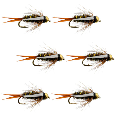 Set of 6 bead head Prince Nymph trout wet flies for fly fishing, size 10 hooks, by The Fly Fishing Place.