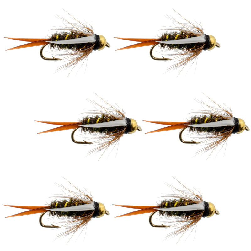 Set of 6 bead head Prince Nymph trout wet flies for fly fishing, size 10 hooks, by The Fly Fishing Place.
