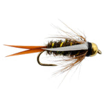 Three bead-head Prince Nymph wet flies for trout fishing, size 14, with barbless hooks, from The Fly Fishing Place.