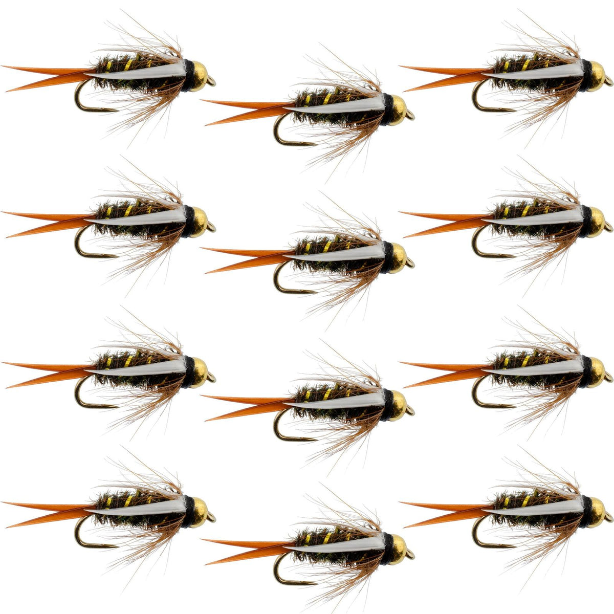 Set of 12 barbless bead-head Prince Nymph trout wet fly fishing flies, size 16, from The Fly Fishing Place.
