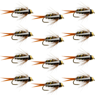 Set of 12 barbless bead-head Prince Nymph trout wet fly fishing flies, size 16, from The Fly Fishing Place.