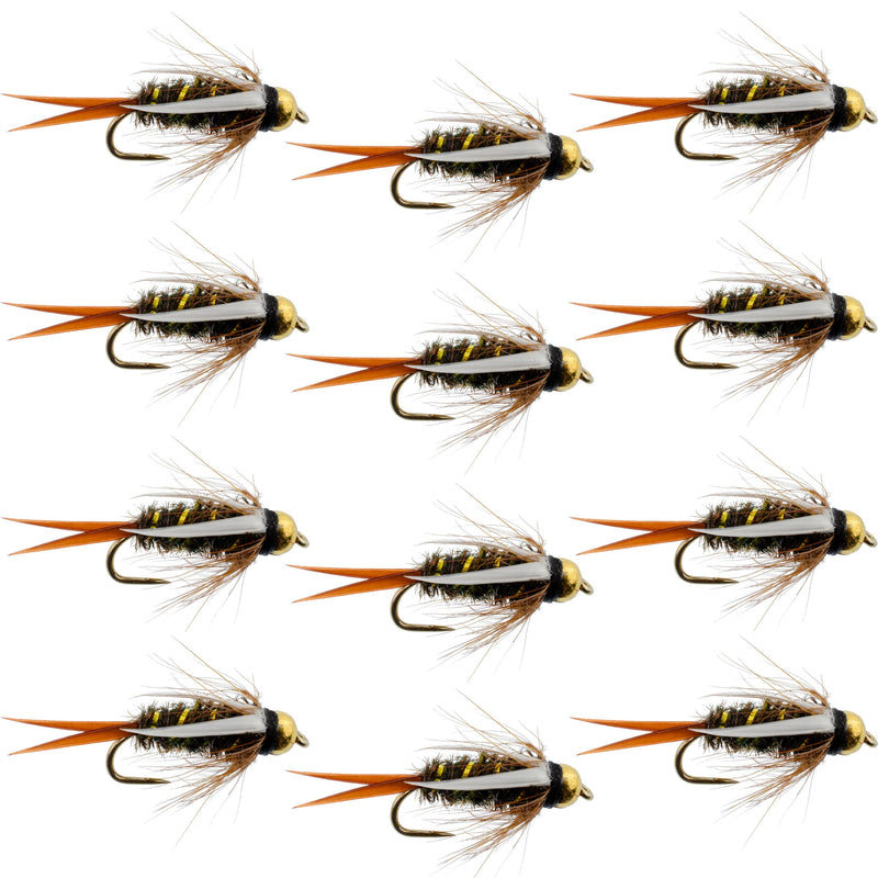 Set of 12 barbless bead-head Prince Nymph trout wet fly fishing flies, size 16, from The Fly Fishing Place.
