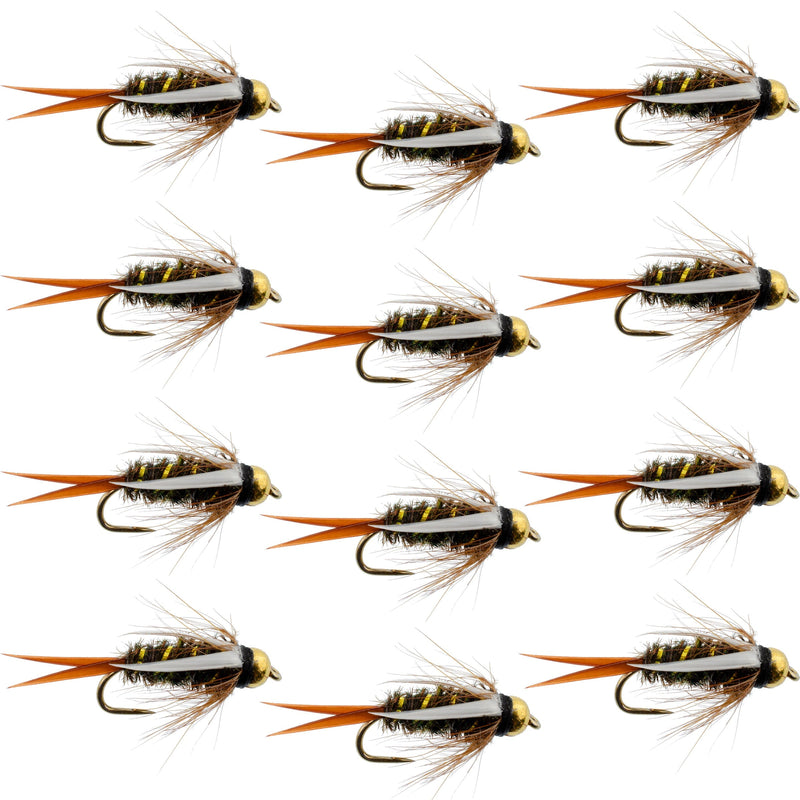 Set of 12 bead-head Prince Nymph trout wet flies for fly fishing, size 14, barbless hooks, by The Fly Fishing Place.